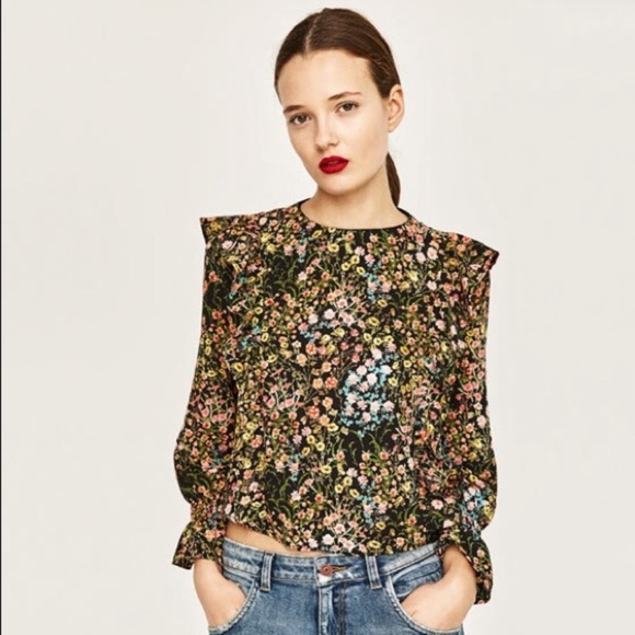 Zara Basic Floral Ruffled Top with Modest Neckline - Picture 2 of 7